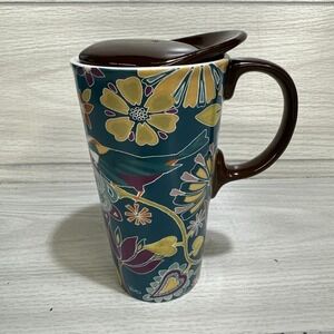 VERONIQUE Ceramic Coffee Latte Tea Cup‎ Mug w/ Lid 6.25x3.5" Floral Bird